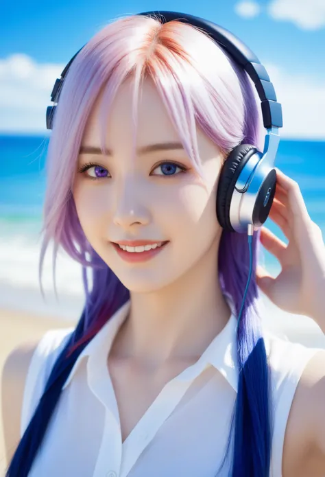 Uta (piece), oDa Eiichiro,, , 1 girl, :D, 瀏Ocean, blue ribbon, DiamonD-shapeD pupils, DiamonD (shape), hair between eyes, heaDphones, long hair, multicoloreD hair, open mouth, purple eyes, reD hair, ribbon, shirt, sign, sleeveless, sleeveless shirt, Smile,...