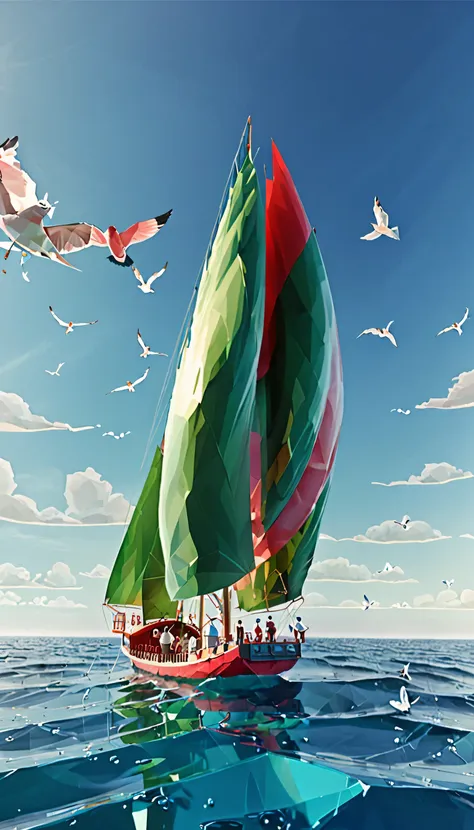 a watermelon shaped simple ship without passengers, sailing on the vast blue ocean, seagulls, enthusiastic dolphins, flying leav...