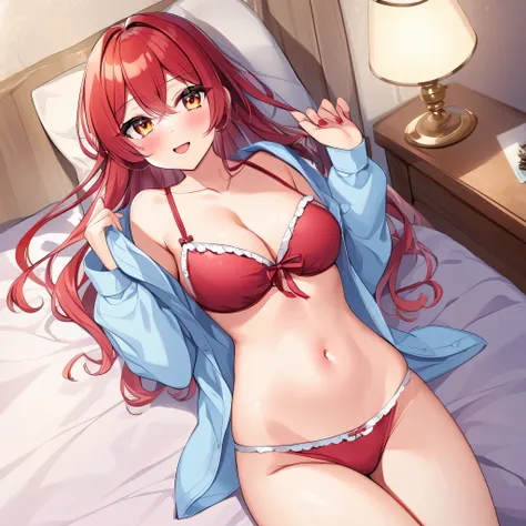 One anime girl , white, long red hair, in sexy pyjamas on bed , one pillow,