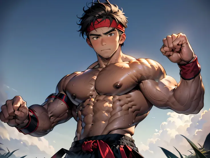 (Masterpiece, Best quality 18 year old boy, Shota, simple background, cowboy shot), solo, Young, boy, full bodyesbian, Shirtless, topless, (Dark Short straight hair, under cut, brown eyes), (torn cloth, red headband, ((black wristband))), Vivid colors, (ho...