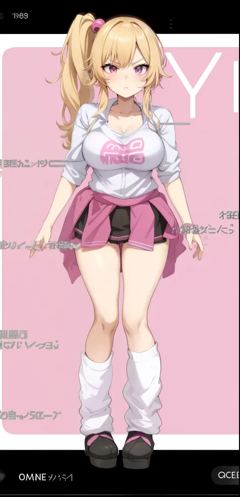 Anime girl wearing pink shirt and skirt and pink background, Anime vtuber full body model, Edge anime style, anime grandma, bbw sauce, gapmoe sick, sick. High, anime full body illustration, Single character full body, as an anime character, Edge, Edge styl...