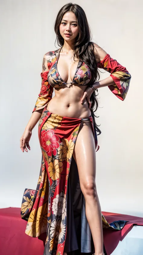 A close-up portrait of beautiful japanese woman wearing boa hancock costune, it exposed her breast and irezumi tattoo on her shoulders, bottomless, she looks sexy with droopy breast, slim body with skinny posture, blue eyes, blonde hair with traditional ac...