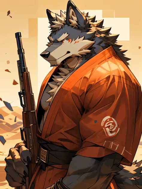 (best quality，8k，Supreme，masterpiece:1.2)，detailed man，Wolf，(red skin)，muscular，Topless，(He held a flintlock rifle：1.5)，(Aiming at the target with a gun：1.2)，martial arts style，sly smile，Determined gaze，desert background