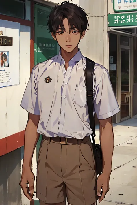 1 man, handsome, teenager, short hair, black hair, high resolution, masterpiece, 8k, fine details, ray trancing, thai student uniform, white shirt, light brown short pants, black bag