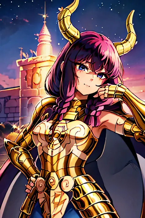 masterpiece, top quality, high resolution, alone, golden armor,1 demon girl (pink braided hair, 2 horns, cute jet-black eyes, vi...