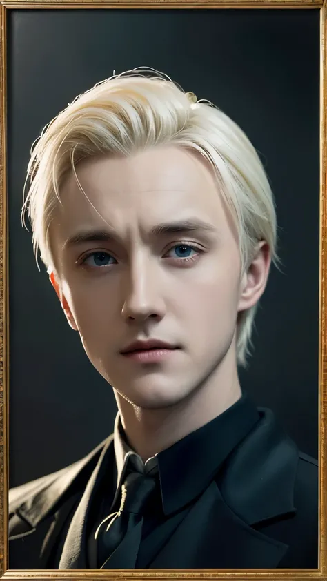 Draco Malfoy played by Tom Felton,Handsome，young，Beautiful vintage picture frame，oil painting style，Impression School，meticulous portrait