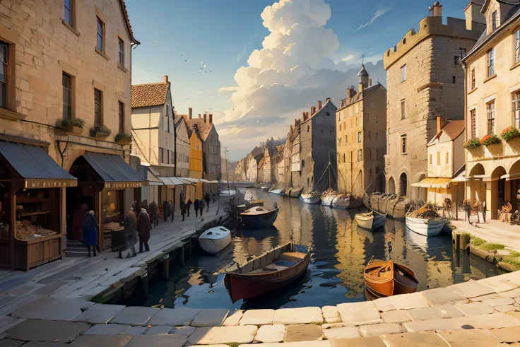 A detailed illustration of a bustling medieval port city with towering stone walls, cobblestone streets, merchant ships docked at the harbor, and townspeople in period attire going about their daily activities. The scene is bathed in warm, golden sunlight,...