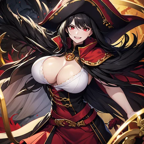 A woman wearing a white sleeveless shirt, a black coat with red details, a short red skirt, black hair, red eyes, a pirate commanders hat, in a cave full of gold, with a gold chest, big breasts, smiling.
