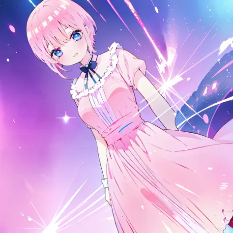 ichika nakano, short pink shiny hair, dynamic pose, soft expressive face,, sweet face, smile, iridescent, ((ballgown iridescent)...