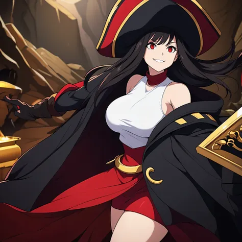 a woman wearing a white sleeveless shirt, a black coat with red details, a short red skirt, black hair, red eyes, a pirate comma...