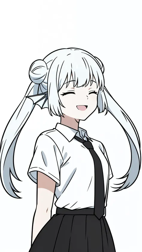 1girl,20 years old,solo,(white background,line drawing),long hair,white hair,finana,twintails,double bun,((white shirt,short sleeves,black standart tie,black skirt)),upper body,smile,open mouth,closed eyes