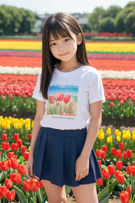 8K, masterpiece, Japanese, 10-year-old girl, facing front, innocent facial features, gentle eyes, childlike body, T-shirt, short sleeves, short skirt, semi-long hair, daytime, bright, tulip field