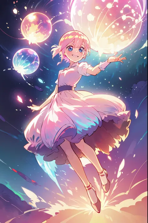 ichika nakano, short pink shiny hair, dynamic pose, soft expressive face,, sweet face, smile, iridescent, ((ballgown iridescent)...