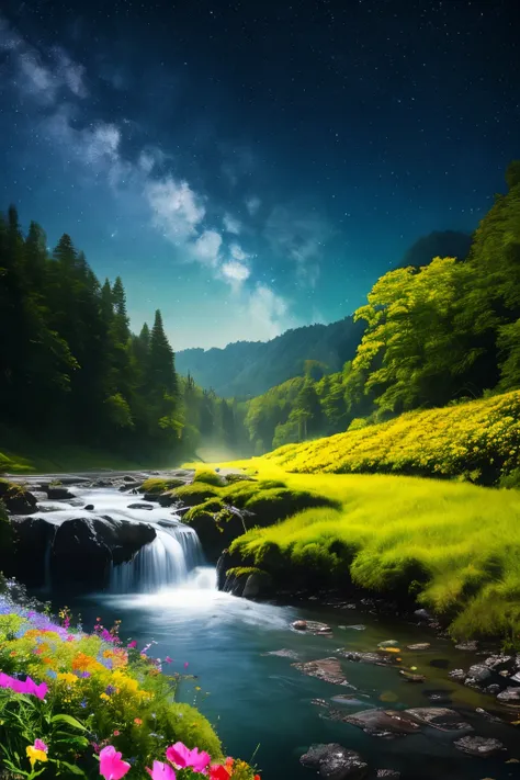 masterpiece, 最high quality, high quality, very detailed cg unity 8k wallpaper, With vivid colors and a bright night sky、an extremely colorful and purely fantasy environment, starry skies, bright green grass landscape, Colorful Trees々, sparkling fruit, And ...