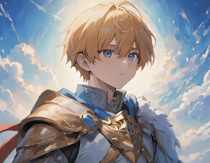 knight，boys，Magnified face，Blue sky and white clouds background