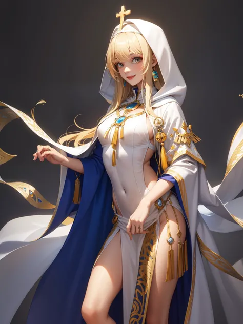 perfect eyes:1.2, detailed eyes:1.4, blonde hair, sidelocks, long hair, brown eyes, fringe, smile, jewelry, priestess, white dress, white clothes, white robe, hood, hair over shoulder, pelvic curtain dress, 1girl, solo, (masterpiece:1.6, best quality),
