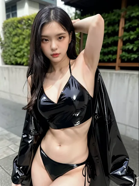 (​masterpiece:1.2), 8k,(ultra-realsitic:1.37), Chiangmai teenage girl, short and slightly chubby body, (sexy pose with left armpit slightly exposed:1.3), face lights, Detailed face, (wearing a black pvc trench coat over a latex bikini:1.5), 