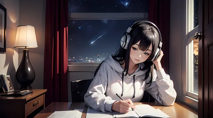 black hair　long hair　an adult woman is studying in her room, large room　listening to music through headphones, looks very comfor...