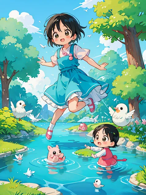 akira toriyama style, Kawaii Design, most beautiful girl ever、Chibi, beautiful spring afternoon、birdie、water play、Save water with hands