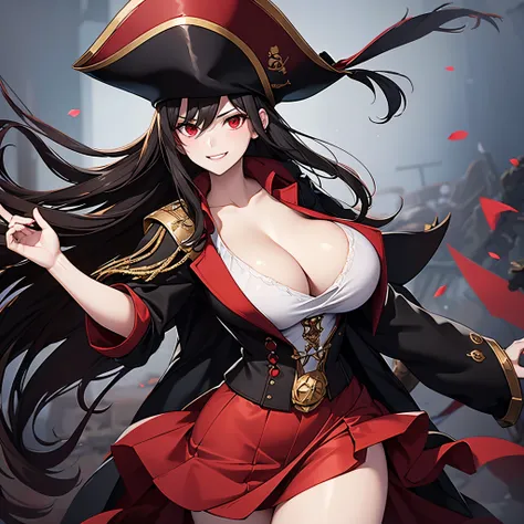 a woman wearing a white sleeveless shirt, black coat with red details, short red skirt, black hair, red eyes, pirate commander's...