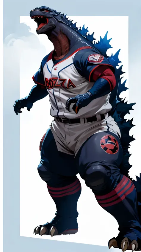 (godzilla:1.3), (a baseball uniform:1.5), (godzilla wearing a baseball uniform:1.4)