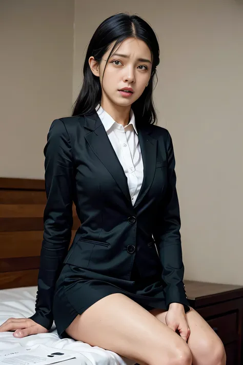 ((masterpiece:1.4))、((muste piece:1.4))、((long black hair woman:1.4))、((sitting on the bed wearing a black office skirt:1.4))、 (...