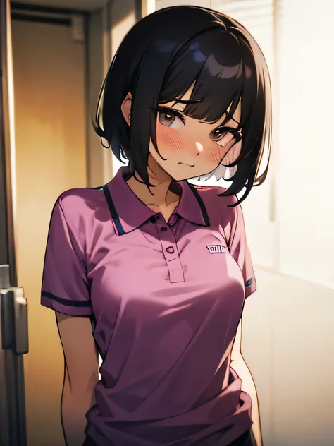 Short hair, pubic hair, beautiful breasts, embarrassed, shy, worried, black hair, magenta polo shirt, short sleeves, arms, in the hospital, underwear