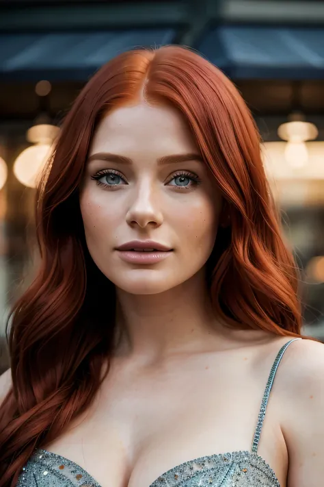 Beautiful redhead girl, Bryce Dallas Howard, with dark blue and shor chanel hair (Extra long wavy red tresses), ((Portrait)), ((Detailed face:1.2)), ((detailed facial features)), (finely detailed skin), fair complexion, ,posing elegantly on flower shop, Ra...