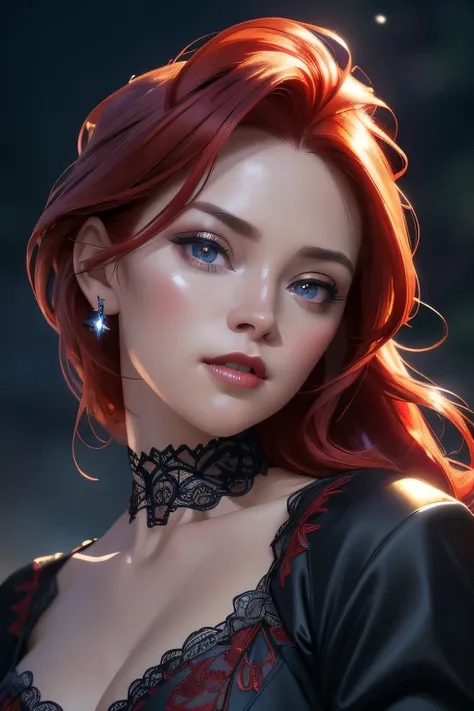 portrait shot, ((vivid red hair)), mature woman, 30 years old, diamond face, moonlight, red starry sky background, depth of field, magic, big red lips, ((dark black eyes)) black and red long and full dress, covered chest, mystical atmosphere, ominous shado...