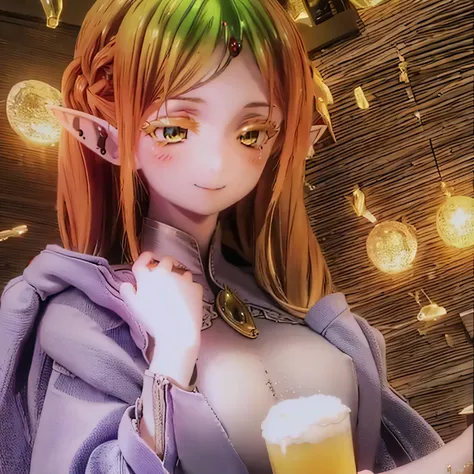 (realistic:1.2),beautiful detailed elf,long flowing hair,Uncle Sui from another world,at a bar,ultra-detailed eyes,pointed ears,flowing cloak,dreamlike background,ethereal atmosphere,soft lighting,subtle reflections,expressive facial features,elven jewelry...