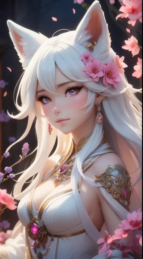 Kyoto Animation stylized anime ~ A Gorgeous flowing white hair, stylish, pink eyes, fiery flowers background, beautiful, goddess, fantasy world. Cinematic Lighting, ethereal light, intricate details, extremely detailed, incredible details, full colored, co...