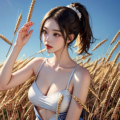 (((NFSW:1.5))), korean woman, (masterpiece, Beautiful person, ), There is farming in the countryside., (There is (cut wheat: 1.4)), give fertilizer, weeding, real face, no makeup, country girl, ponytail, detailed skin texture, fine cloth texture, fine and ...