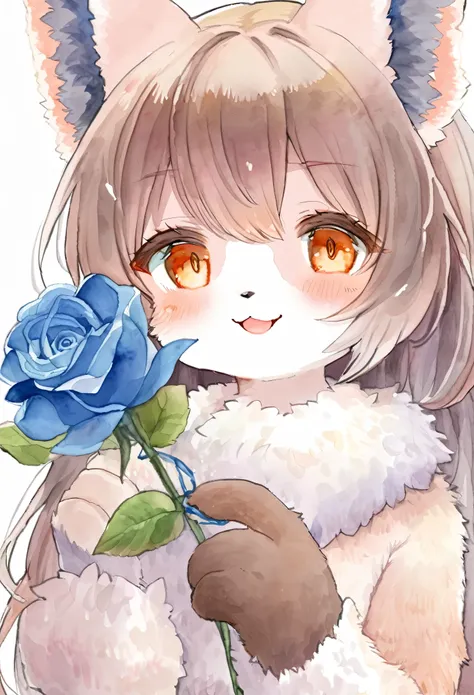 Watercolor elements, 1girl, kemono, furry, detailed body fur, animal face, animal hand, A girl who is happy to be offered a blue rose,