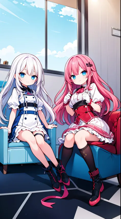 2 girls with white hair red hair blue eyes with  uniform and the other with pink and black idol outfit sitting in an armchair