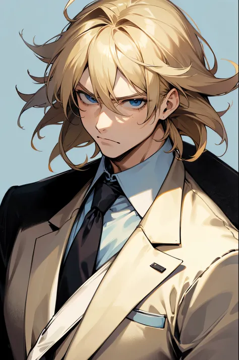 1male, Fluffy Hair, Dirty Blonde Hair, Light Blue Eyes, Suit and tie, serious face, muscular, manshion background