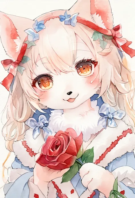 watercolor elements, 1girl, kemono, furry, detailed body fur, animal face, animal hand, pretty girl holding a red rose and looki...