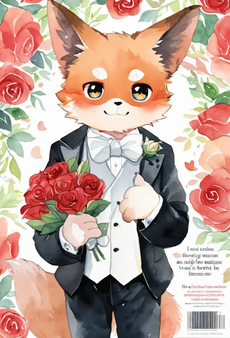 cover page, marriage information magazine, Watercolor elements, 1boy, kemono, furry, detailed body fur, animal face, animal hand, Handsome boy in tuxedo holding a red rose and looking at viewer,