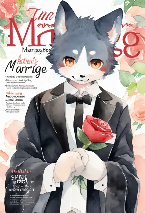 cover page, marriage information magazine, Watercolor elements, 1boy, kemono, furry, detailed body fur, animal face, animal hand, Handsome boy in tuxedo holding a red rose and looking at viewer,