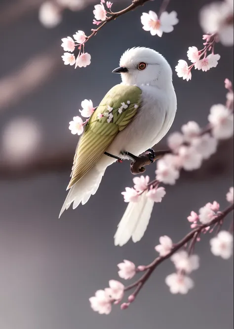 A stunning white-eye perches on a white cherry blossom branch., dark, dawn, (cold morning: 1.1), (morning dew: 1.15), realistic pictures, (Low Photo: 1.2), detailed, 8K, (to8 contrast style), (haze: 0.7), bright colors, sony a6600 mirrorless camera, Decora...