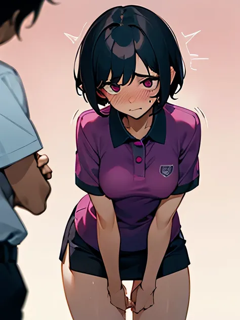 Short hair, pubic hair, beautiful breasts, embarrassed, shy, worried, black hair, short sleeves, arms, at the hospital, magenta polo shirt, no panties, bending over, men around