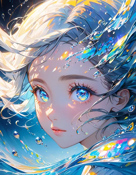 girl swims underwater,hyper detailed render style,glow,yellow,blue,brush,surreal oil painting,shiny eyes,head closeup,exaggerated perspective,tyndall effect,water drops,mother of pearl iridescence,holographic white,black background,