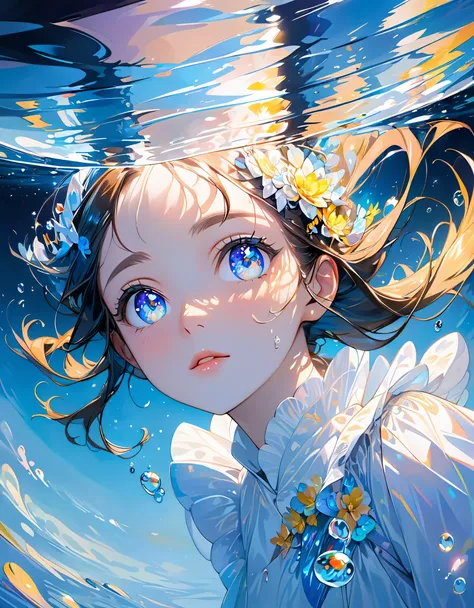 girl swims underwater,hyper detailed render style,glow,yellow,blue,brush,surreal oil painting,shiny eyes,head closeup,exaggerate...