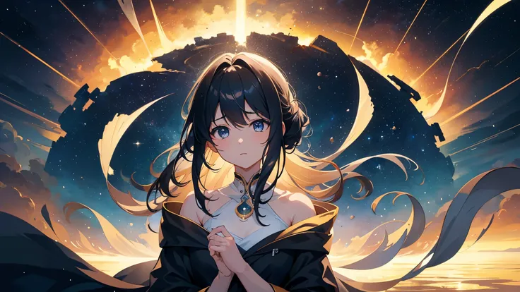 Craft an anime-style illustration in 8k resolution and 16:9 aspect ratio that showcases a breathtaking night sky. The scene unfolds under the cover of darkness, where the deep black of the cosmos serves as a canvas for the brilliant dance of stars and the ...