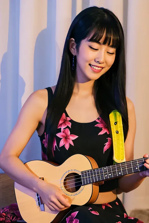 Playing the ukulele　hawaii night　black haired woman