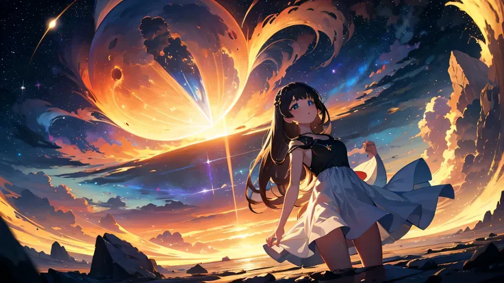 Craft an anime-style illustration in 8k resolution and 16:9 aspect ratio that showcases a breathtaking night sky. The scene unfolds under the cover of darkness, where the deep black of the cosmos serves as a canvas for the brilliant dance of stars and the ...