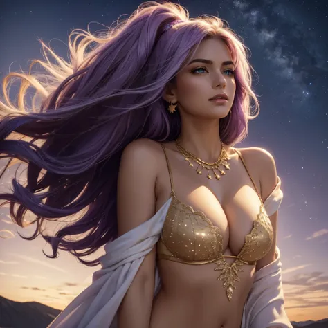 one American girl, realistic green eyes, long light purple lilac hair, large tits, large chest, cleavage, draped in white fabric with gold accessories, gold jewelry, high cheekbones, close up, zoomed in, profile picture, headshot, masterpiece, best quality...