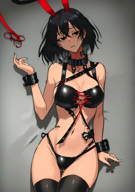 ((collar,leash,tied up,bondage,scared expression)),black hair,black eyes,(bikini)
