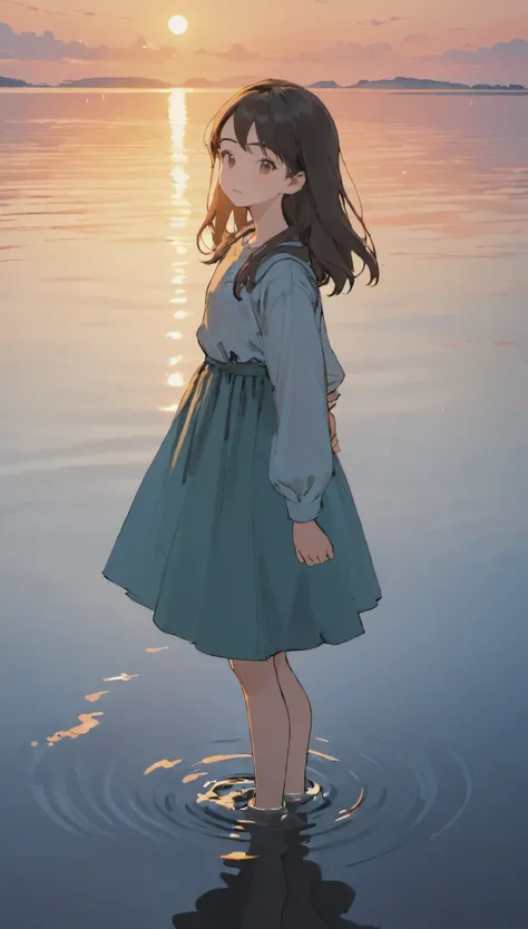 masterpiece, highest quality, movie stills, 1 girl, Sky reflected on the sea surface、mirror-like water surface、Reflective water surface、Sunset、beautiful sky, close, bright, Happy, warm and soft lighting, sunset, (spark:0.7)