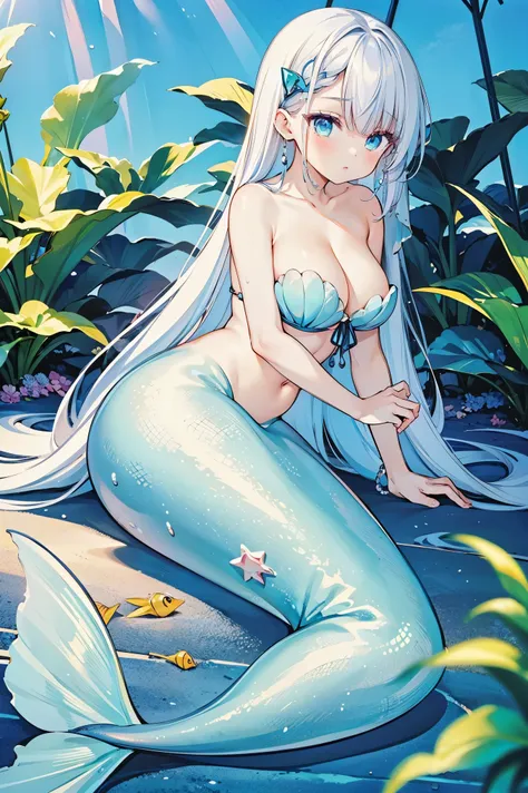 masterpiece, best quality,a woman,big breasts,Mermaid,sky blue mermaid tail,full-body shot,charming脸(kawaii, charming,soft)