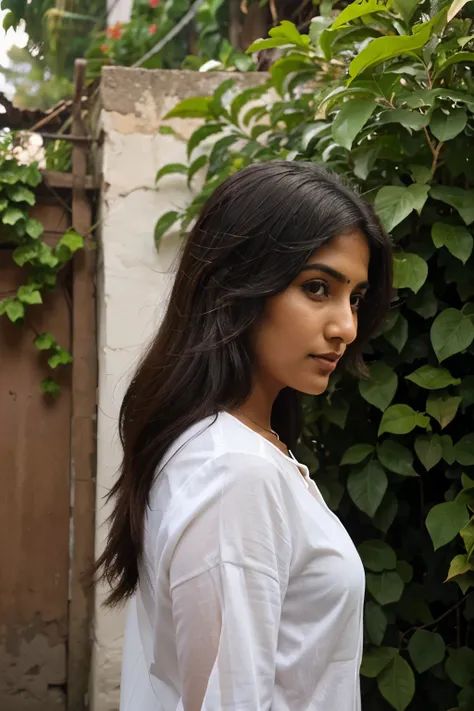 Kerala girl,looking 25 year old, churidar, side view face not revealing,  bougainvillea in the background for insta profile pic